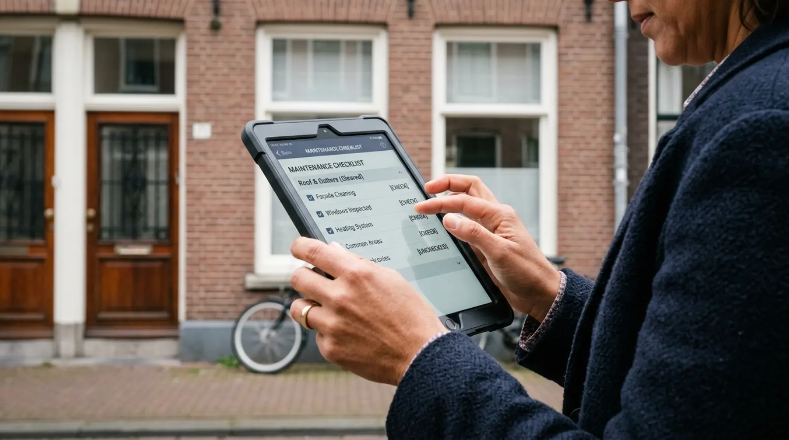 Beheerder controleert een huurwoning met een tablet in Den Haag