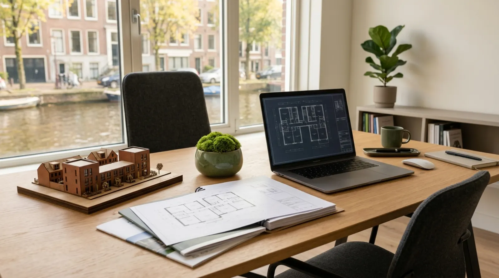 Vastgoeddossier en plattegrond op een bureau
